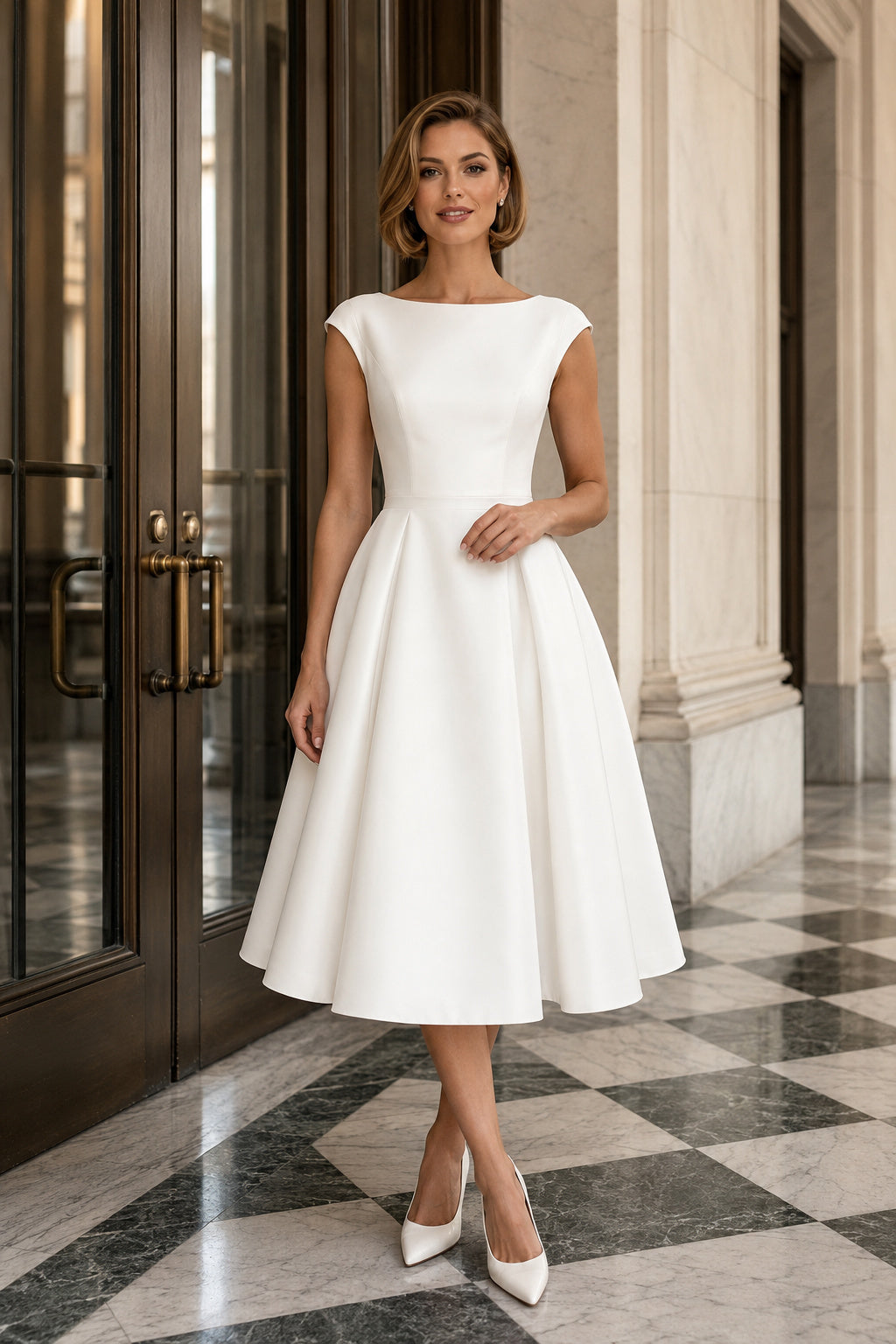 Bateau Tea-Length Satin A-Line Wedding Dress with Button Back front view