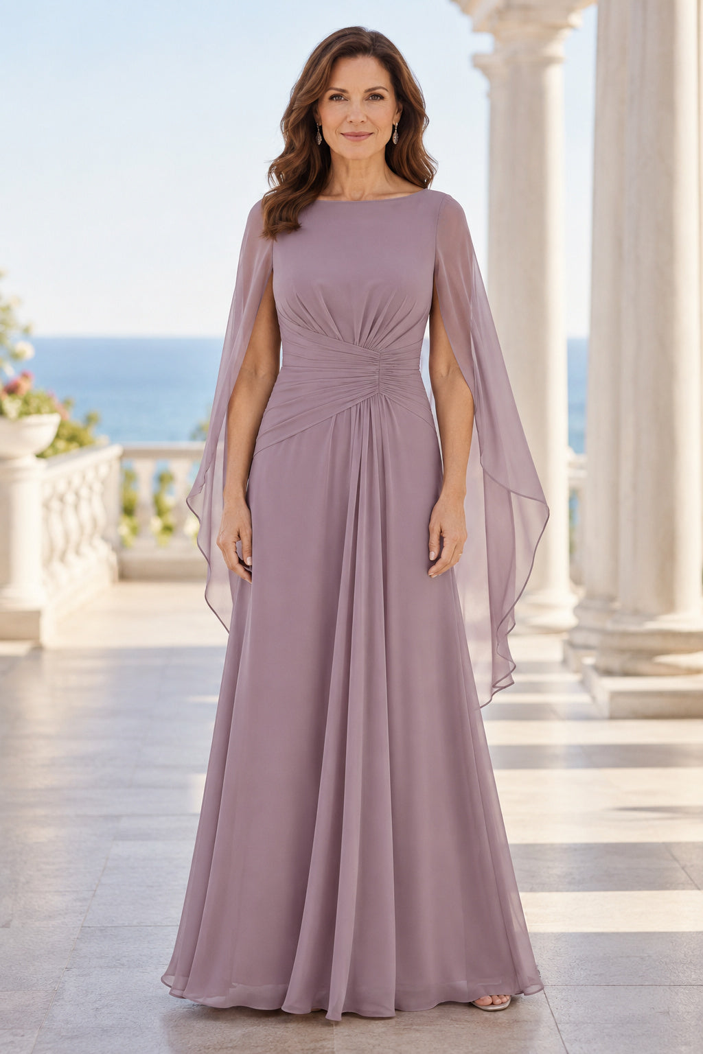 Vintage Mauve Bateau Mother Dress with Sheer Cape Sleeves and Ruched Waist for Evening Reception front view