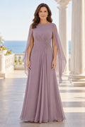 Vintage Mauve Bateau Mother Dress with Sheer Cape Sleeves and Ruched Waist for Evening Reception front view