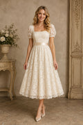 Ivory Square Neck Puff Sleeve Allover Lace Dress Tea Length A-Line Wedding Dress front view