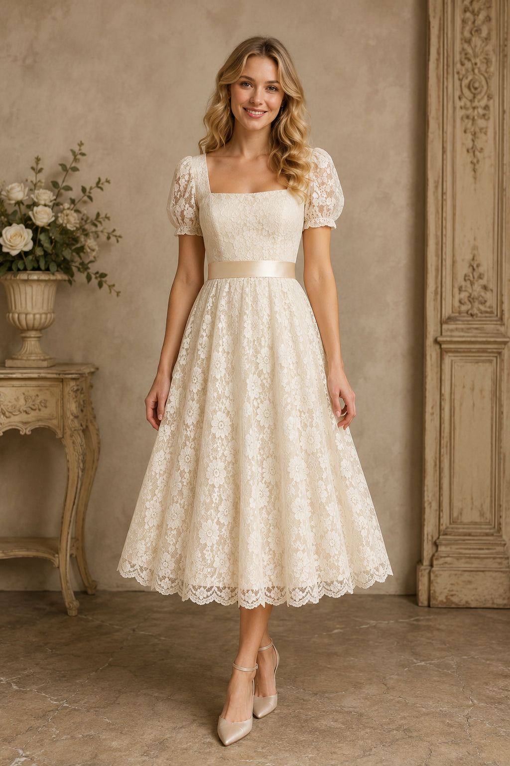 Ivory Square Neck Puff Sleeve Allover Lace Dress Tea Length A-Line Wedding Dress front view
