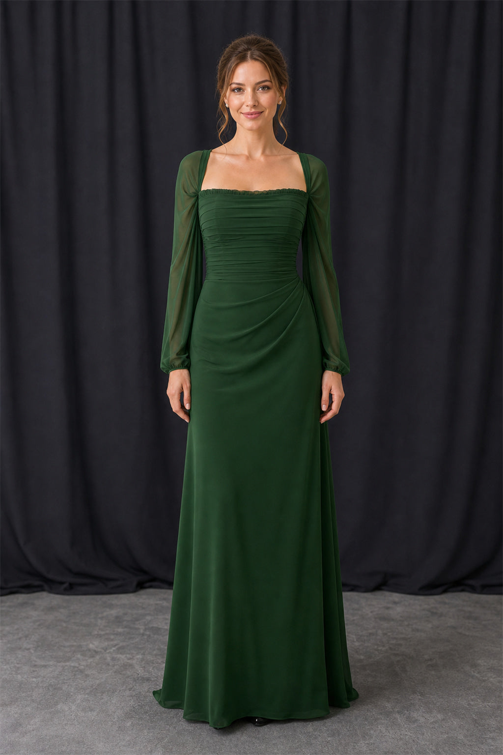 Emerald Square Neck Long Sleeve Sheath Jersey Floor-Length Dress