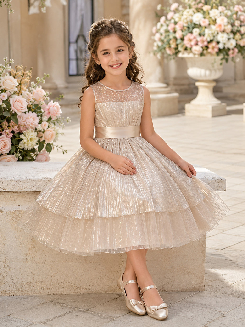 Champagne Romantic A-Line Tulle Flower Girl Dress Sleeveless Square Neck Tea-Length Shimmer Layers front view