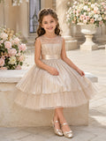 Champagne Romantic A-Line Tulle Flower Girl Dress Sleeveless Square Neck Tea-Length Shimmer Layers front view