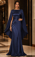 Navy Blue Satin Evening Dress with Cape Sleeves and Ruched Waist front view