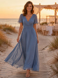 Dusty blue flutter sleeve V-neck chiffon beach maxi dress front view