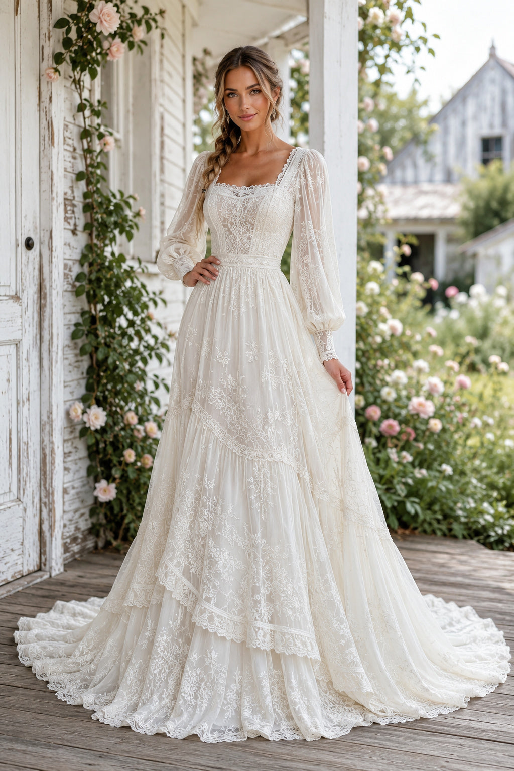 Ivory Square Neck Long Sleeve Lace A-Line Wedding Dress Train for Wedding Ceremony and Reception Style MG_701479 front view