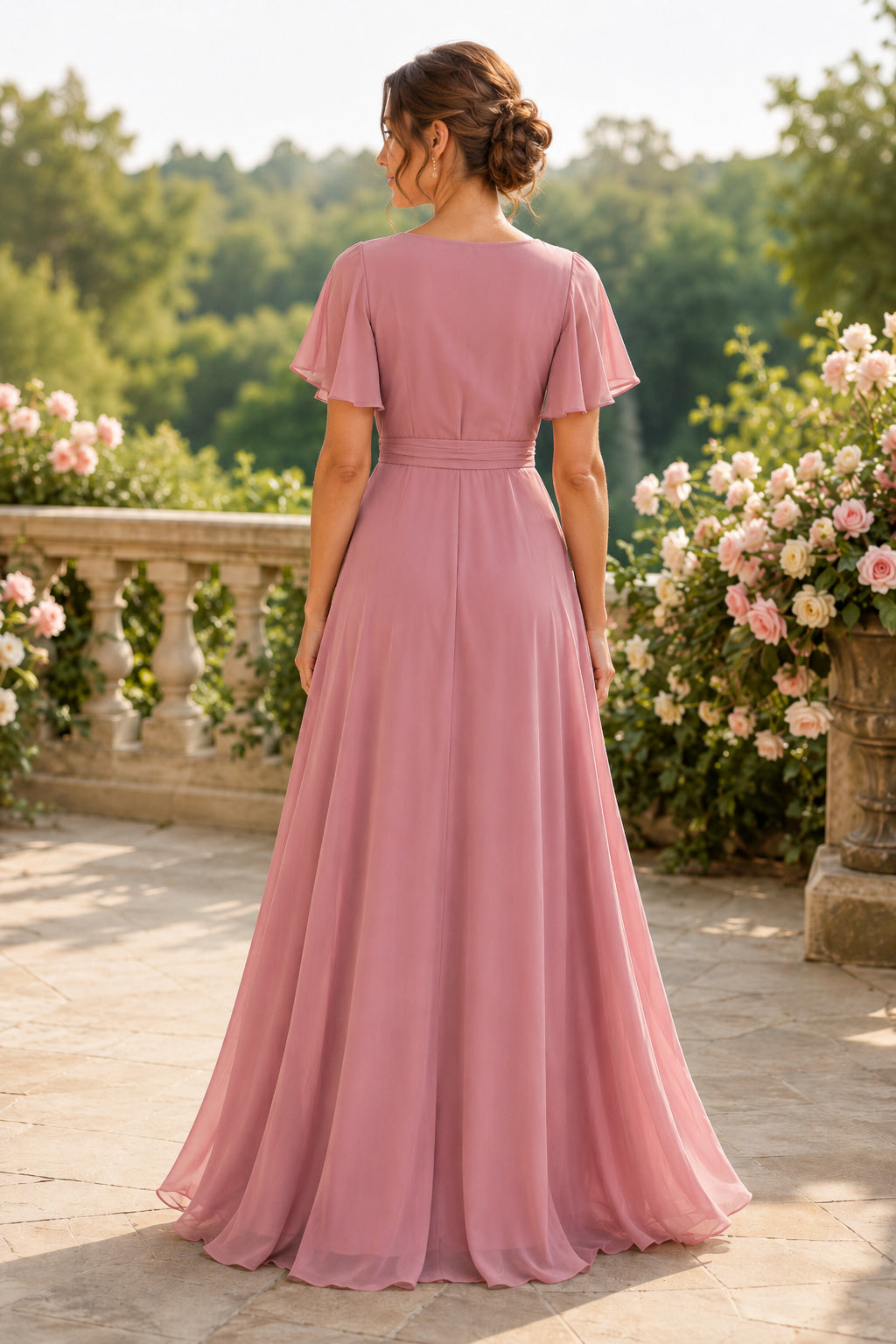 Dusty Rose V-Neck Chiffon A-Line Bridesmaid Dress with Flutter Sleeves and Sash for Garden Reception back view