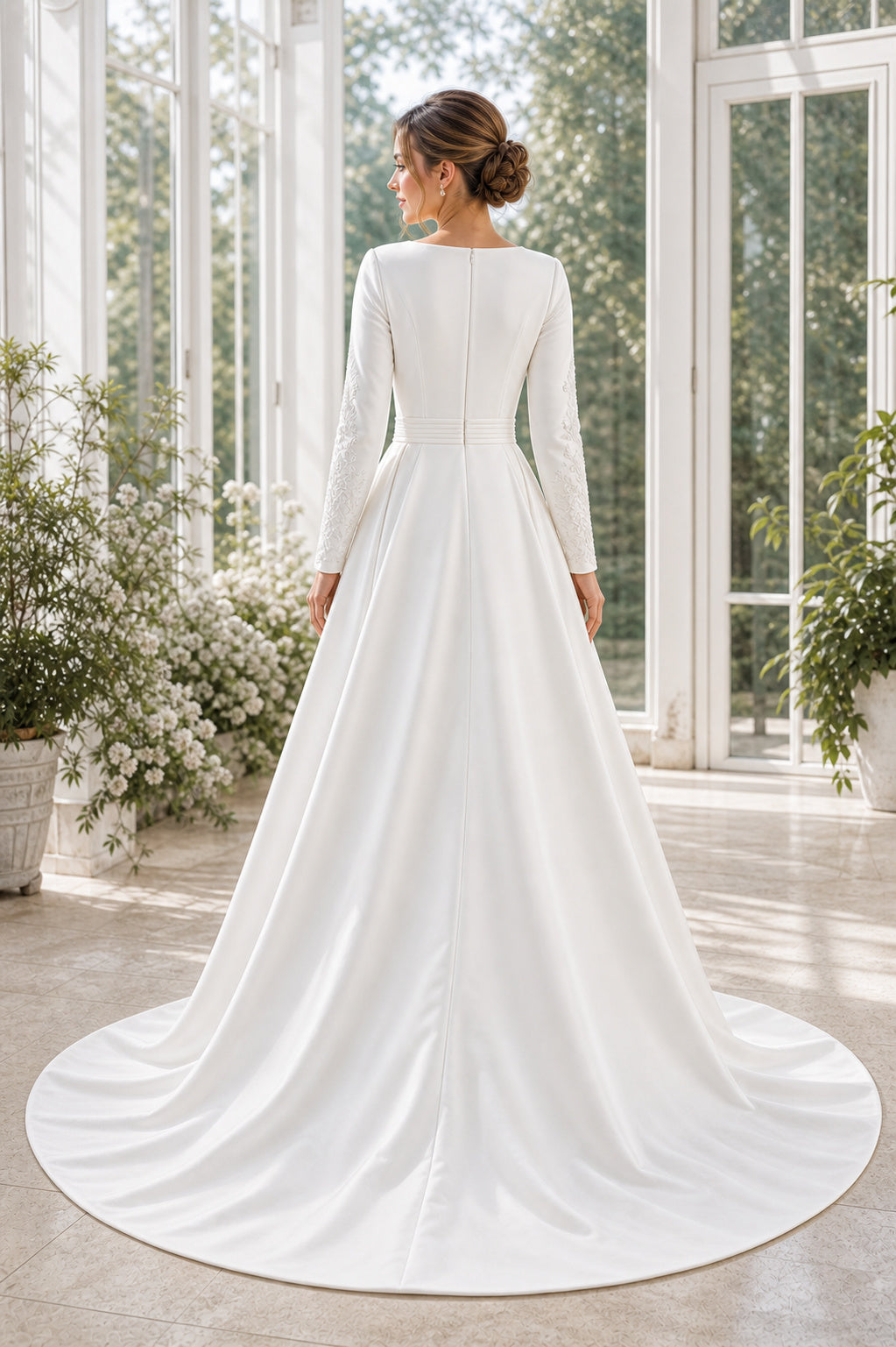White V-neck Flutter Sleeves Ball Gown Tulle Floor-length Wedding Dress With Layered Skirt and Beaded Bodice and Open Back