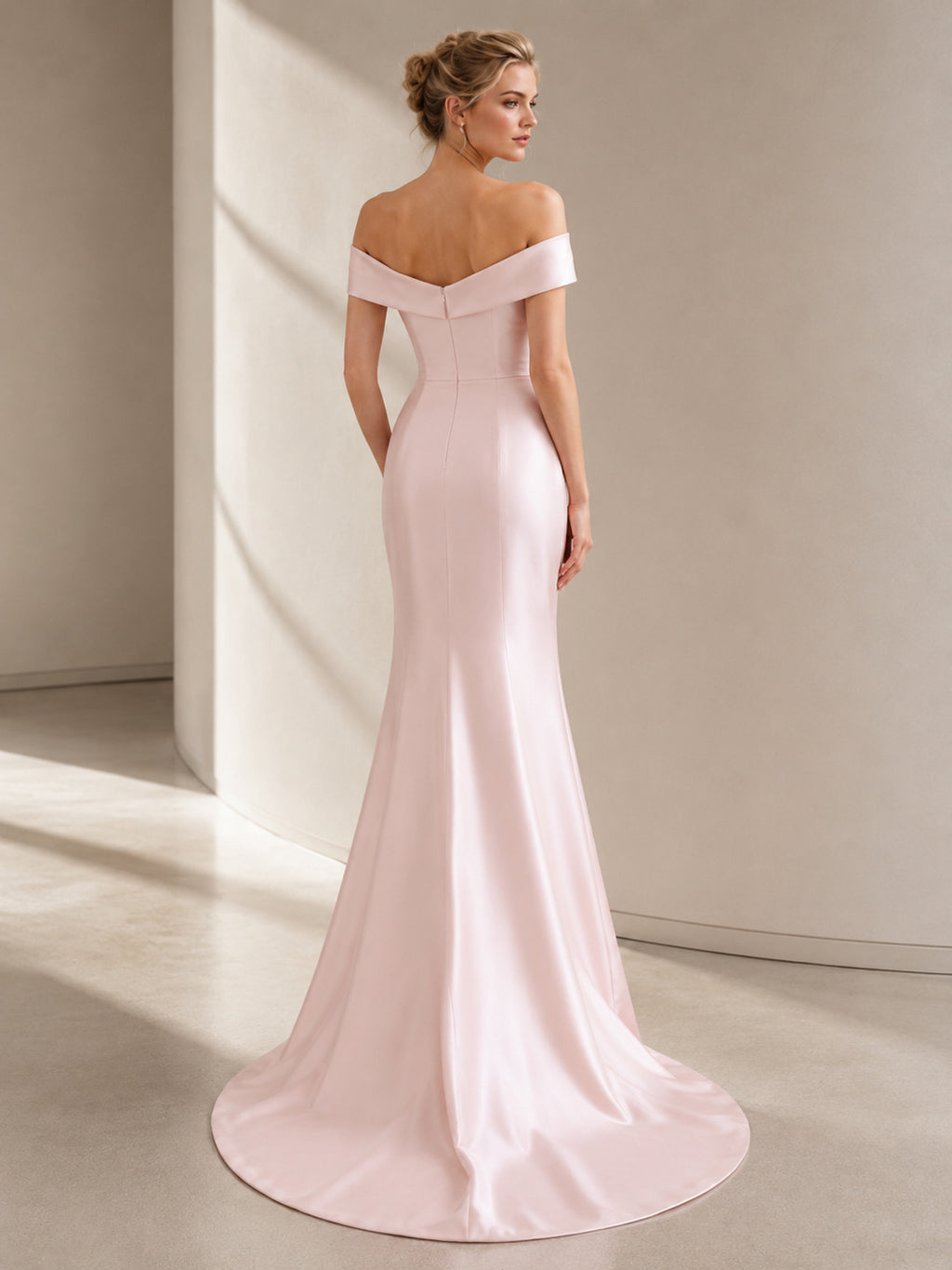 Blush Off Shoulder Minimalist Satin Mermaid Sweep Train Wedding Dress back view