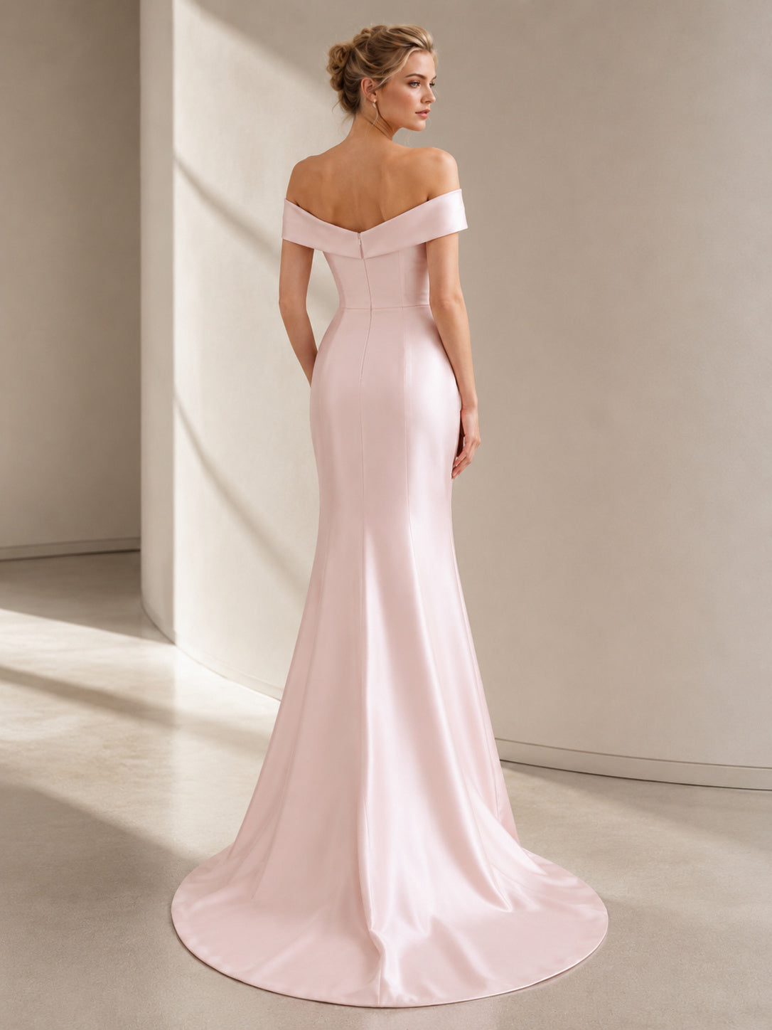Blush Off Shoulder Minimalist Satin Mermaid Sweep Train Wedding Dress back view