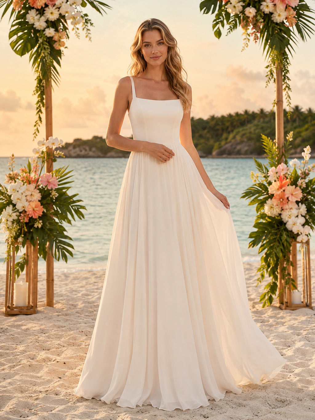Simple Square Neck Chiffon Tropical Beach Bridal Gown front view