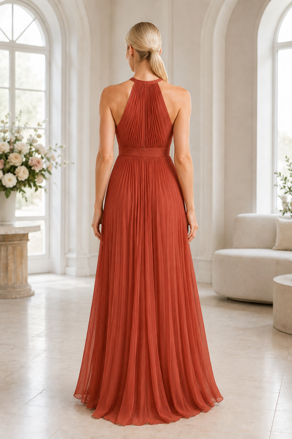Orange Halter Chiffon A-Line Bridesmaid Dress with Pleated High Neck and Open Back back view