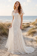 Ivory Cap Sleeve Sheath Lace Beach Wedding Dress with Square Neckline front view