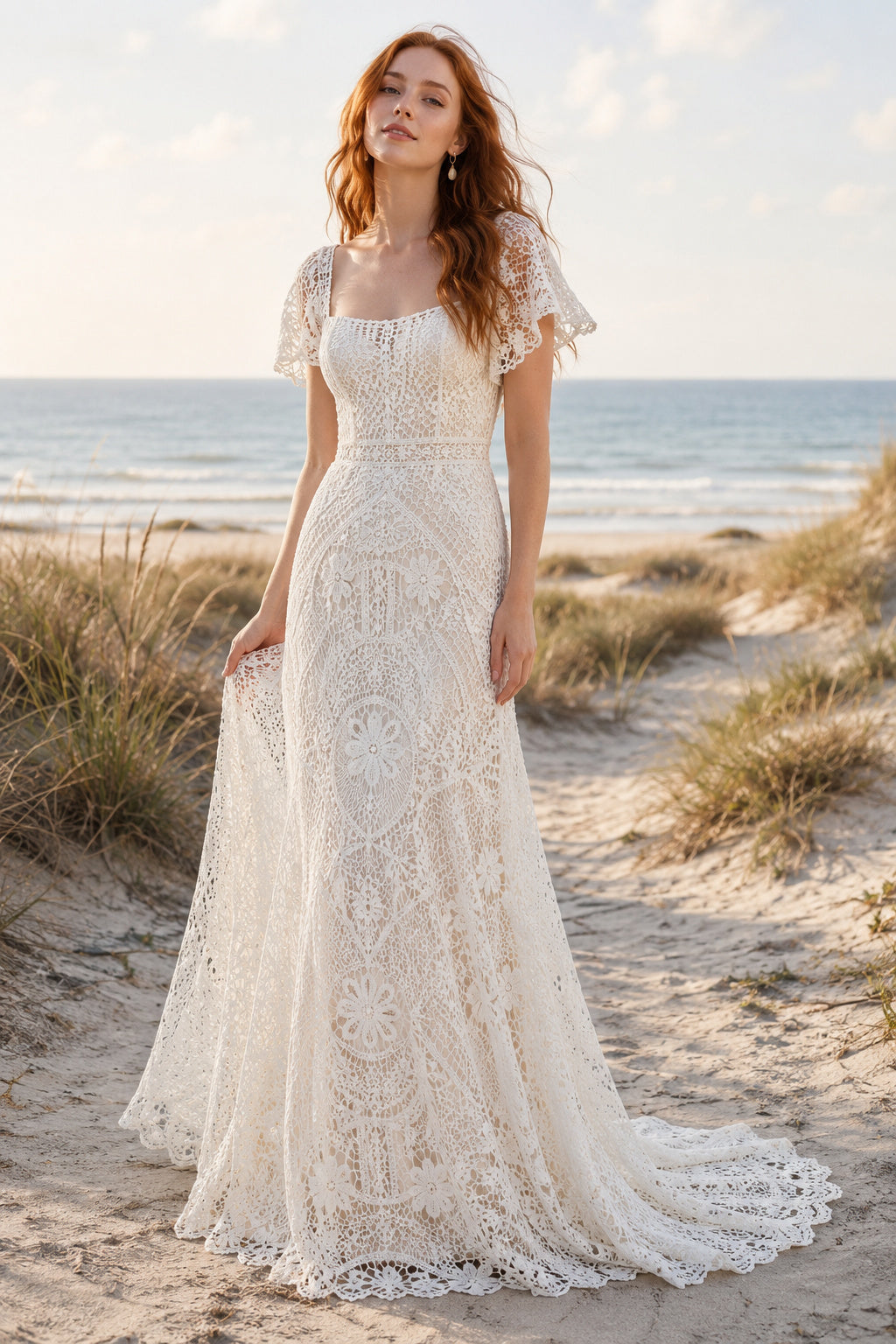 Ivory Cap Sleeve Sheath Lace Beach Wedding Dress with Square Neckline front view