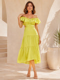 Lime off shoulder ruffle cutout tiered midi dress front view
