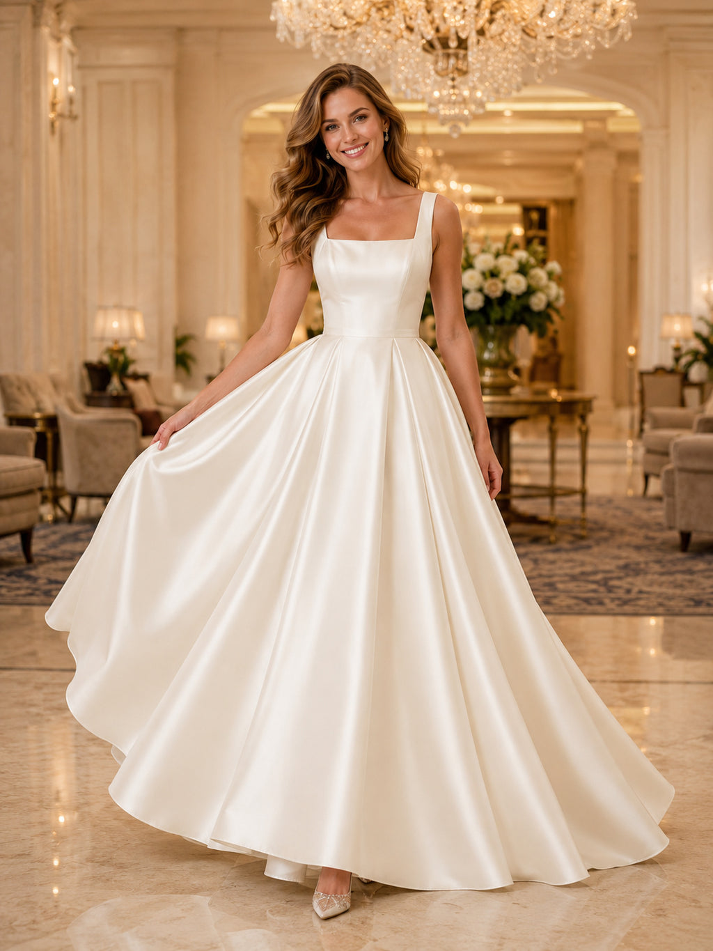 Square Neck Satin Luxury Ballroom Ball Gown Bridal Dress front view