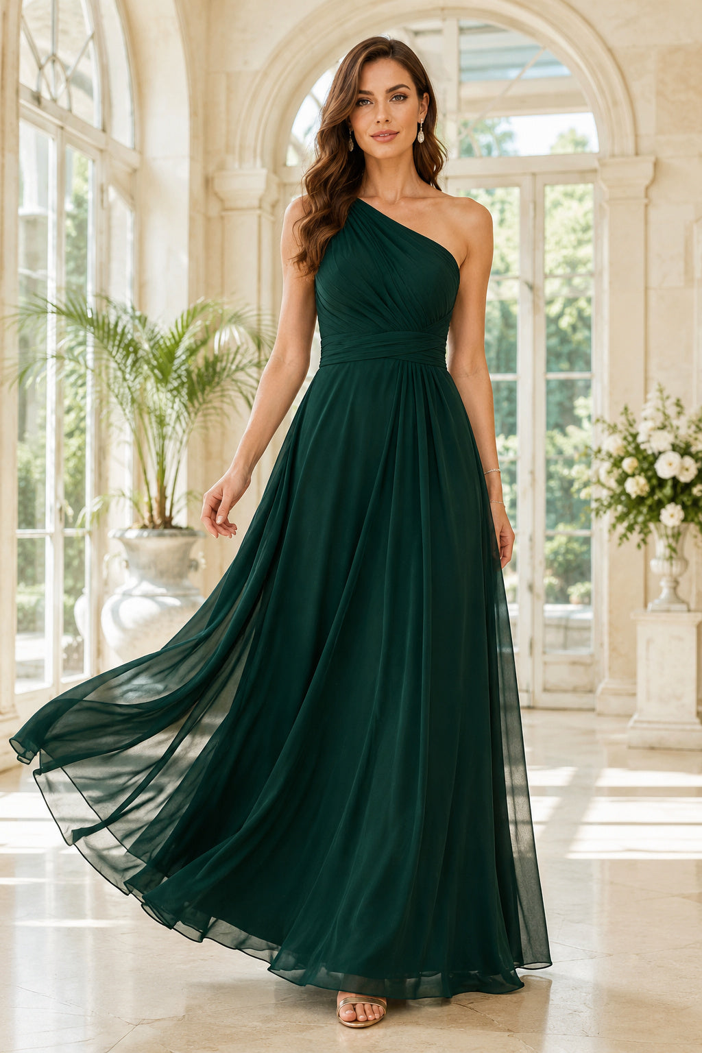 Evening Gown Dark Green Chiffon A-Line One Shoulder Sleeveless Floor Length front view