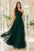 Evening Gown Dark Green Chiffon A-Line One Shoulder Sleeveless Floor Length front view