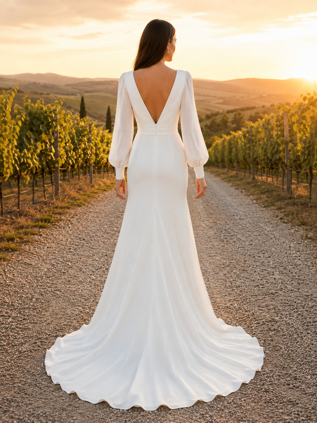 Minimalist Stretch Satin Wedding Dress Mermaid V-Neck Long Sleeve Sweep Train Bridal Gown back view