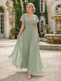 Estate Sage V-Neck Chiffon A-Line Floor-Length Short Sleeve Bridesmaid Dress front view
