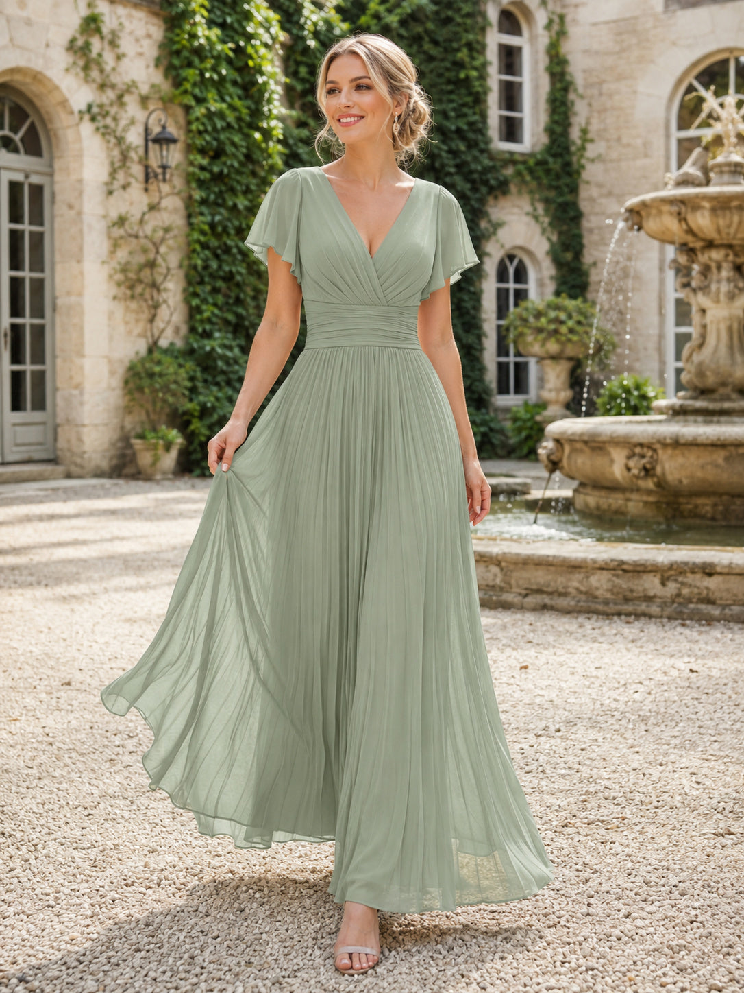 Estate Sage V-Neck Chiffon A-Line Floor-Length Short Sleeve Bridesmaid Dress front view