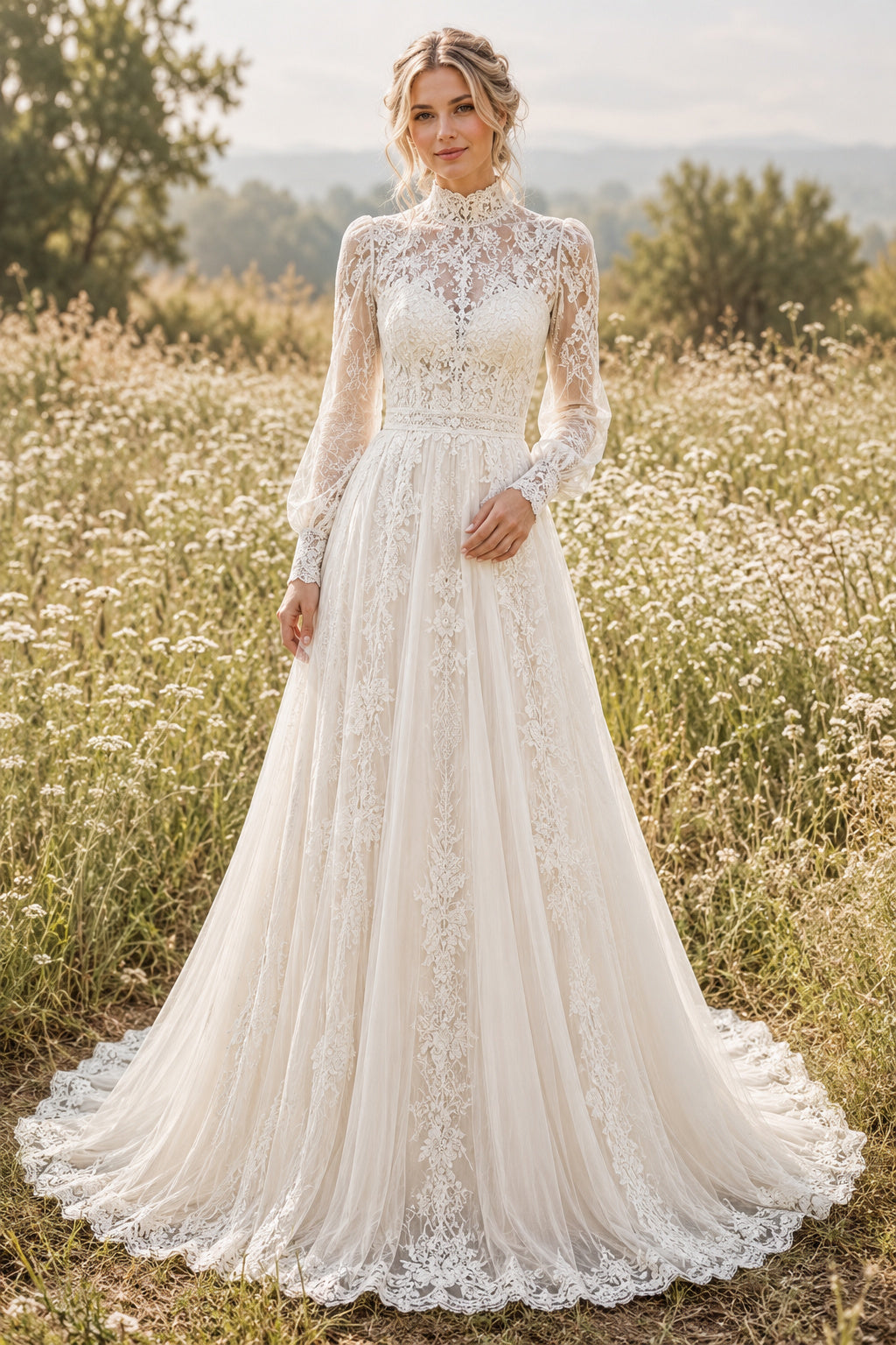 High Neck Long Sleeve A-Line Wedding Dress with Lace Appliques and Chapel Train for Beach Garden Ceremony front view