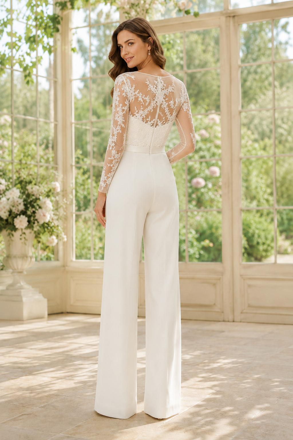 White Long Sleeve Lace Bodice Bridal Jumpsuit Style 720281 back view