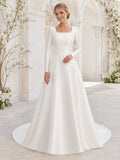 LDS Square Neck Satin Wedding A Line Long Sleeve Chapel Train Button Back front view