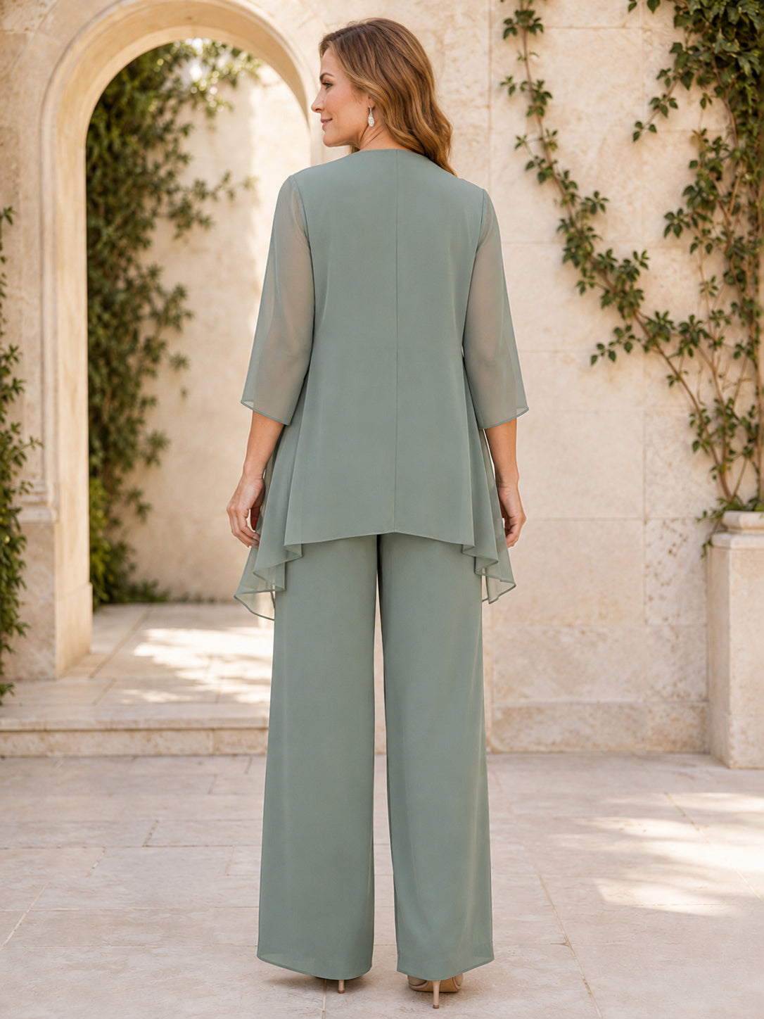 Sage Mother Pantsuit with Draped Chiffon Jacket, Bateau Top and Wide Leg Pants back view