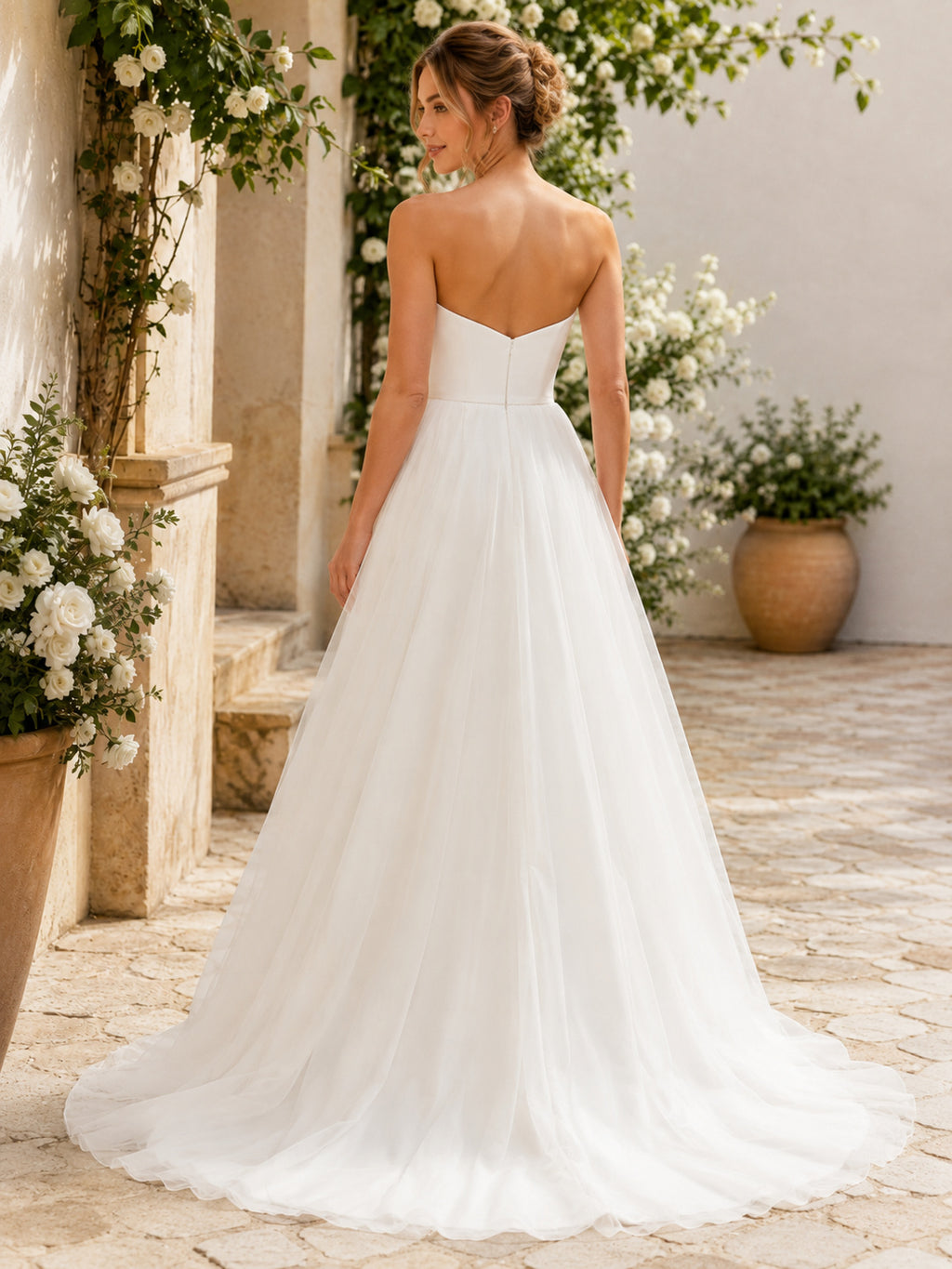 Beach Chiffon Wedding Dress A-Line Strapless Sweetheart Sweep Train with Slit Bridal Gown back view