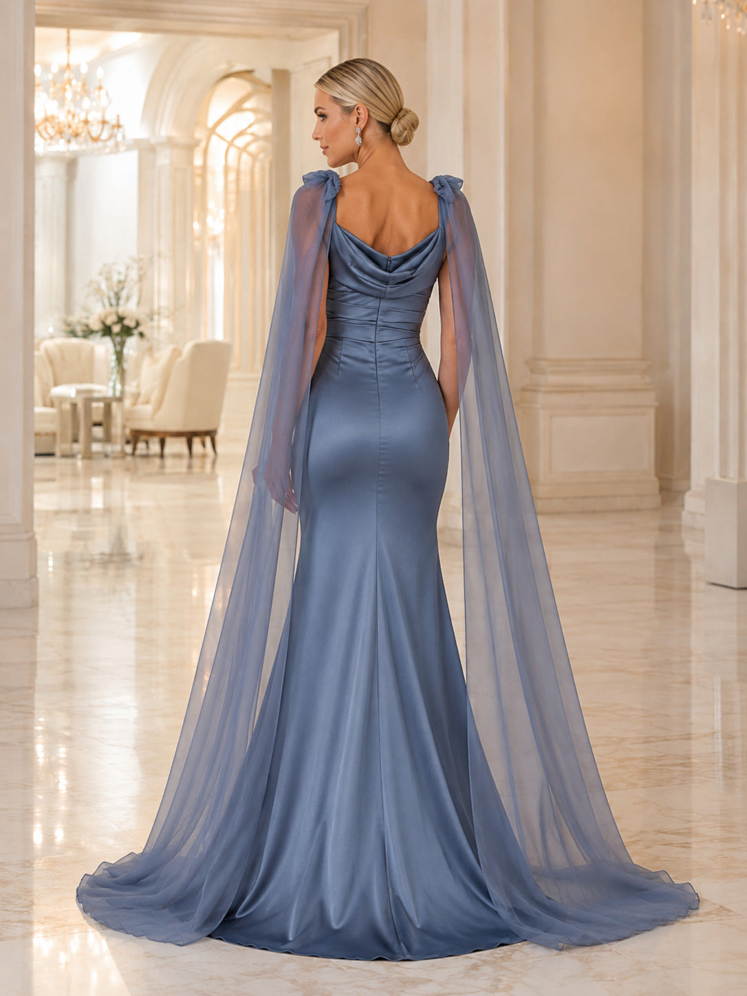 Steel Blue Cowl Neck Cape Mermaid Satin Sweep Guest Dress back view