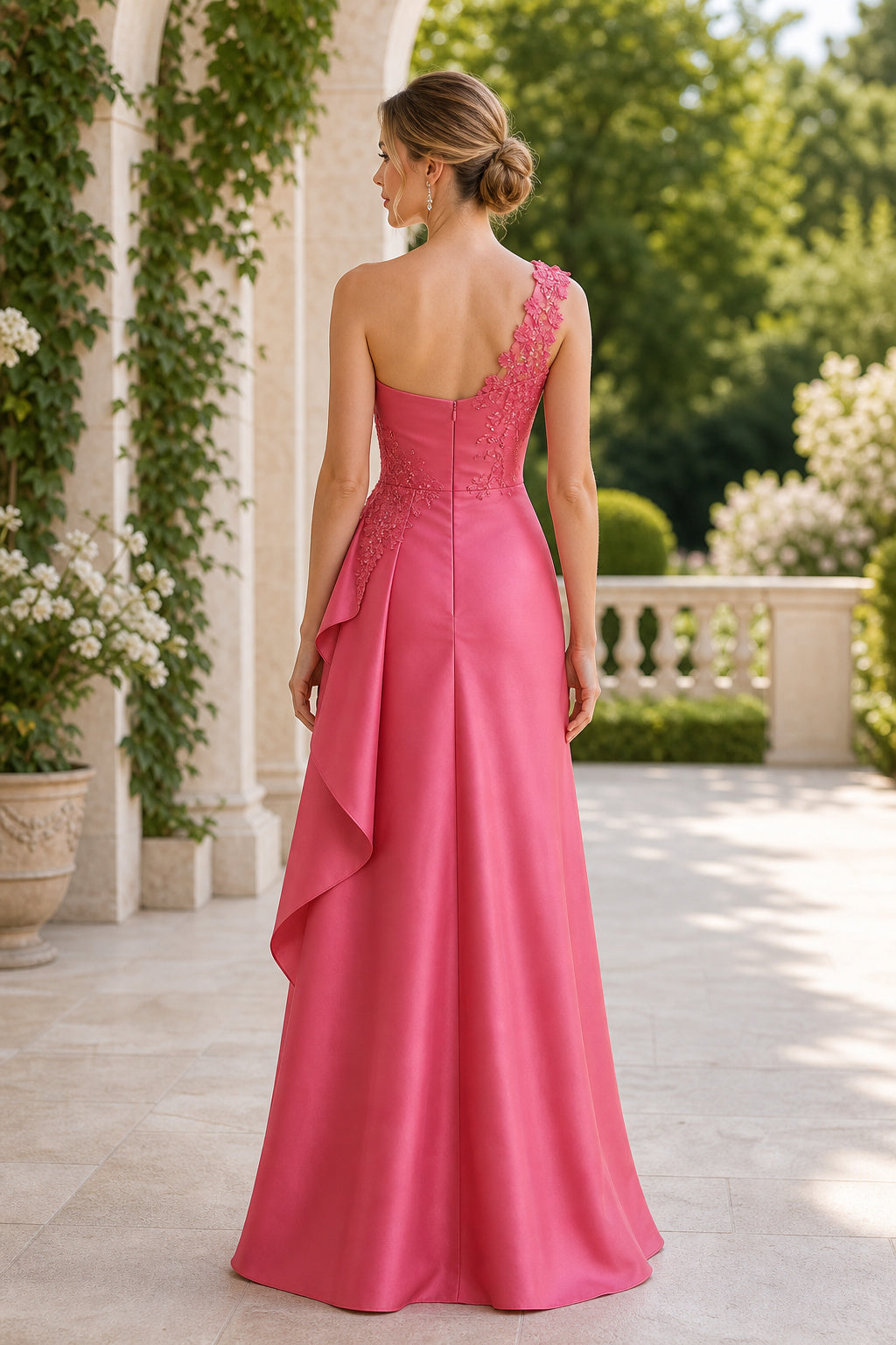 Rose One-Shoulder Sheath Satin Floor-Length Dress With Cascading Ruffle