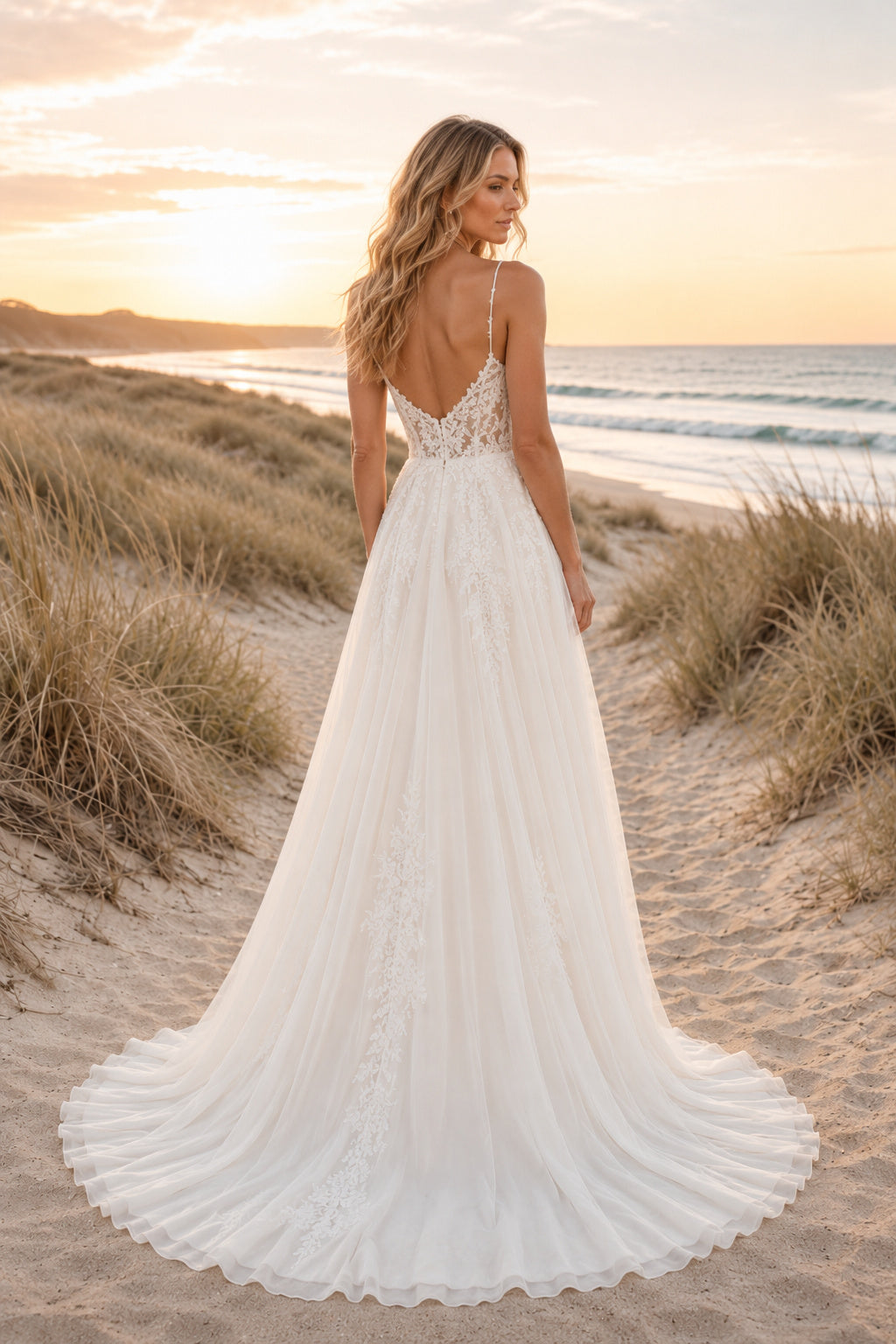 Ivory Spaghetti V-Neck Lace Bodice A-Line Wedding Dress Long Train for Bridal Ceremony and Reception back view