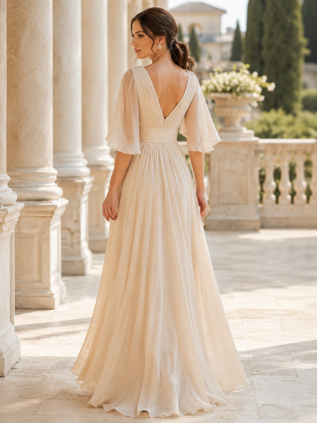 Champagne V Neck Chiffon Flutter Sleeve Gown back view