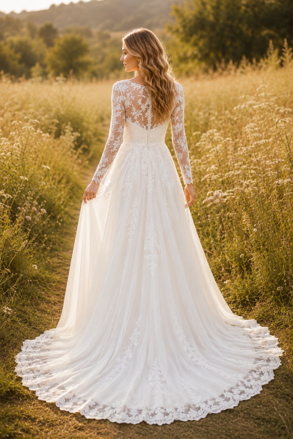 Bateau Long Sleeve A-Line Wedding Dress with Lace Bodice and Chapel Train for Beach Garden Ceremony back view
