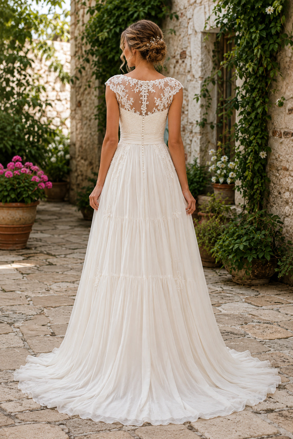Ivory Jewel Neck Sleeveless Lace A-Line Wedding Dress with Full Chiffon Train back view