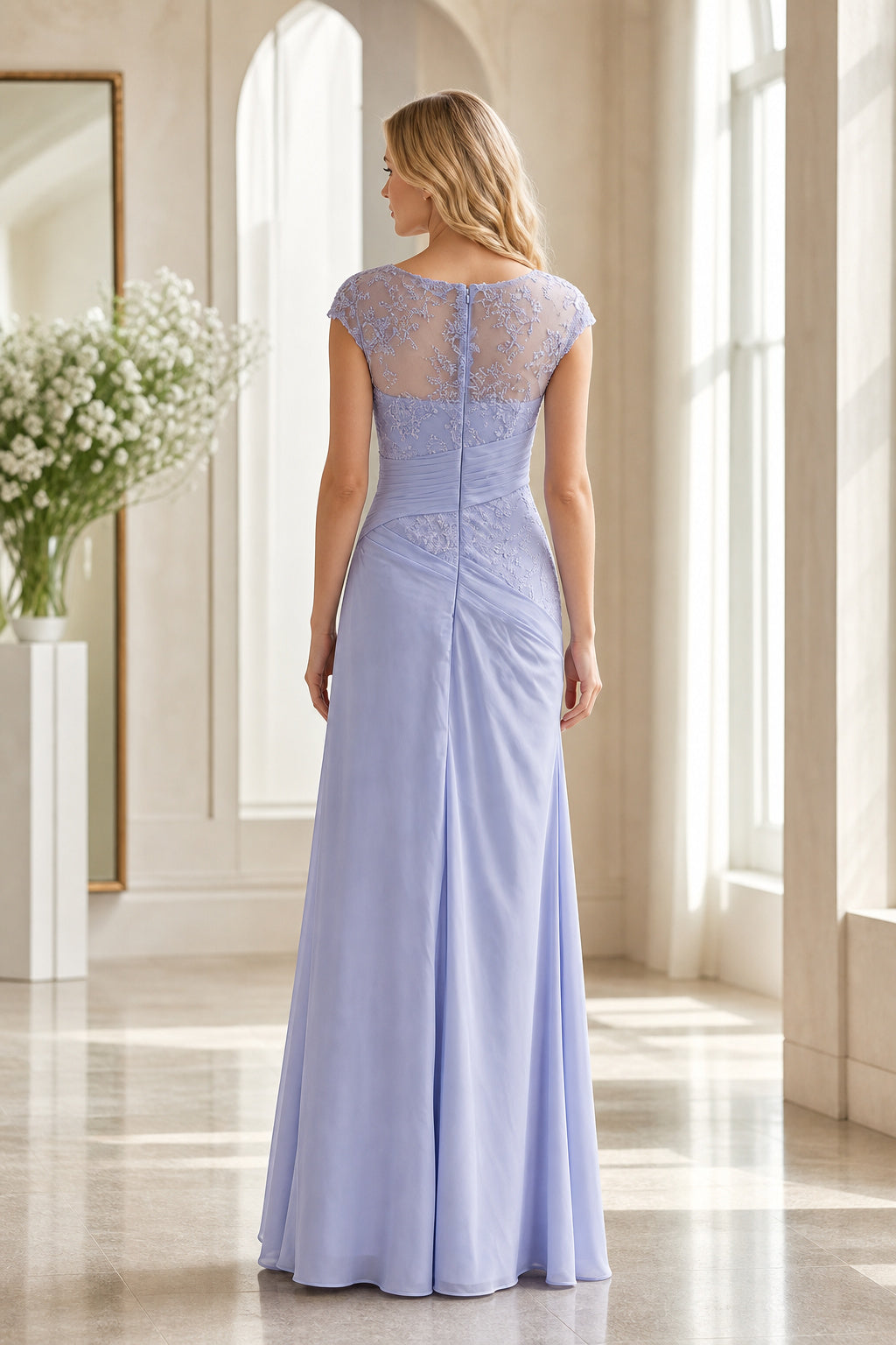 Lavender Bateau Cap Sleeve Sheath Floor-Length Dress With Illusion Back