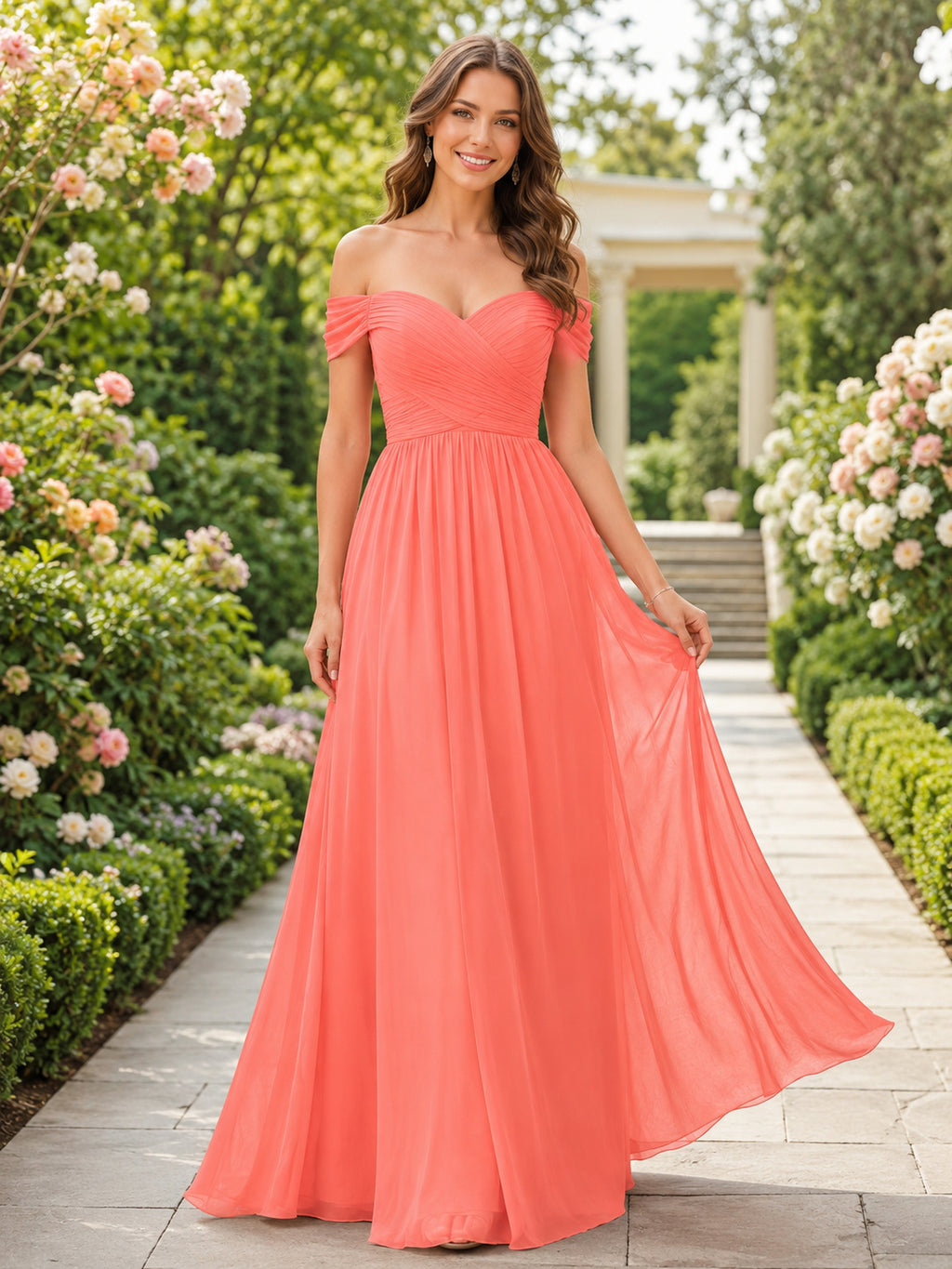Coral Strapless Sweetheart Chiffon Floor Length A Line Dress front view