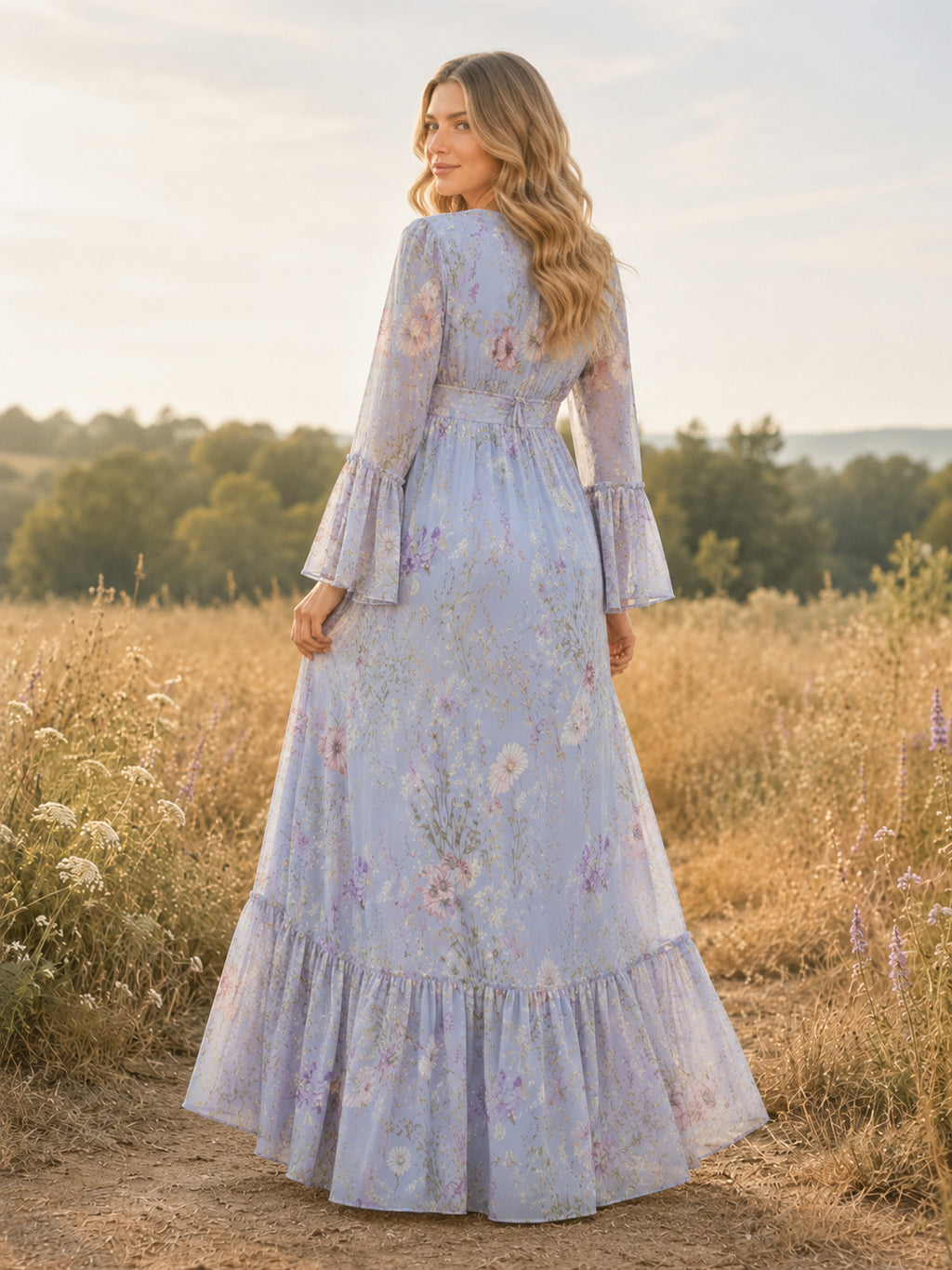 Periwinkle Floral Maternity Bell Sleeve V Neck Tiered A-Line Floor Length Boho Dress back view