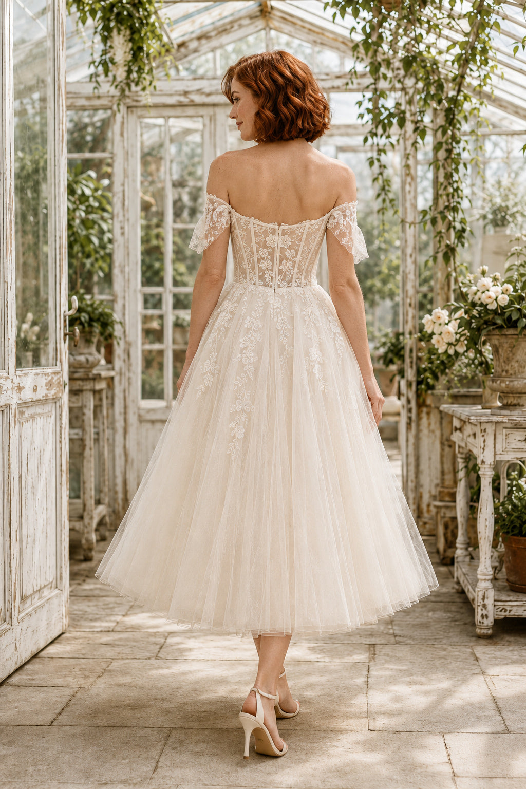 Ivory Off Shoulder Applique Tulle Tea Length Wedding Dress for Wedding Ceremony and Reception back view
