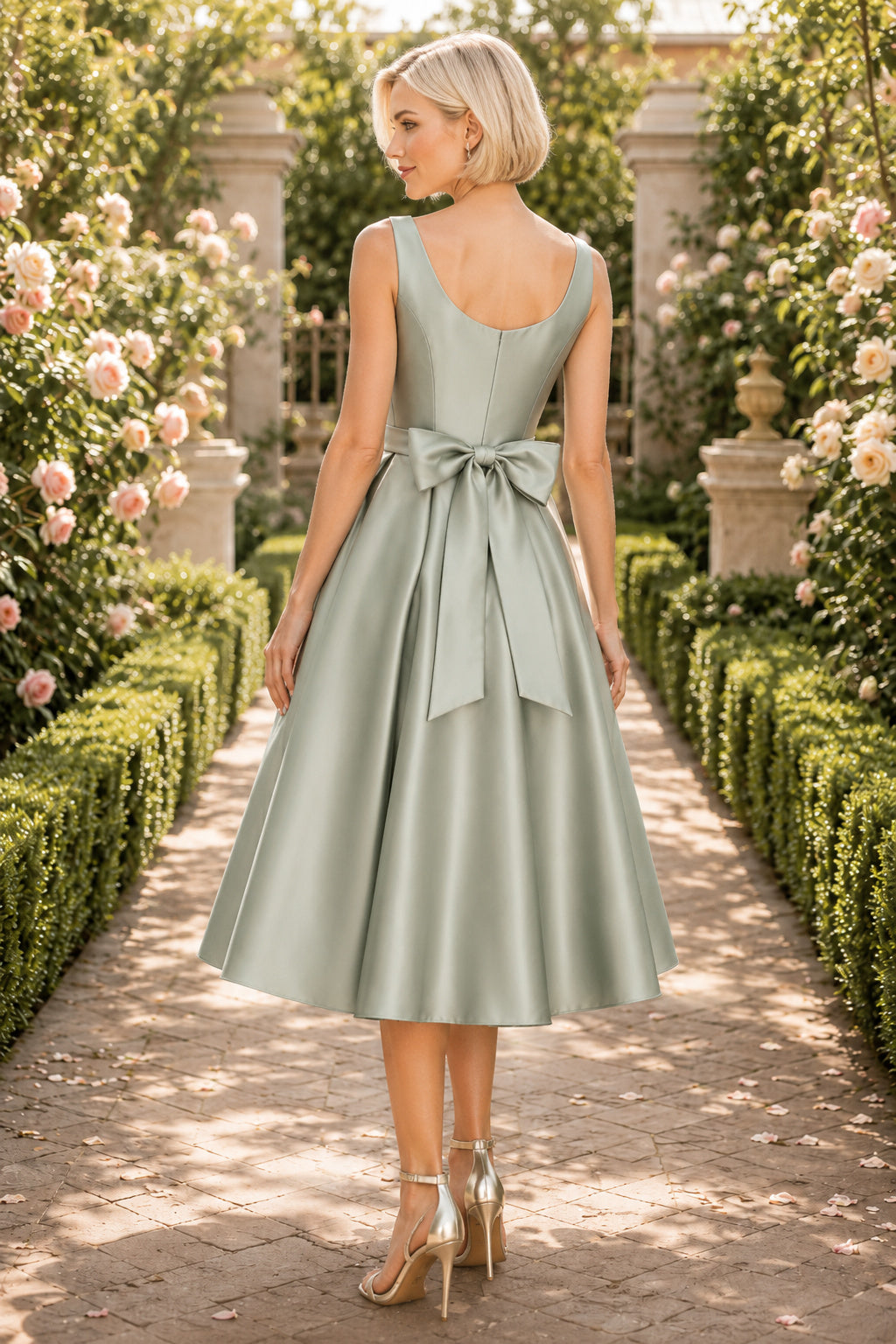 Sage Sleeveless Satin Tea-Length Dress with Scoop Neck and Bow Back back view