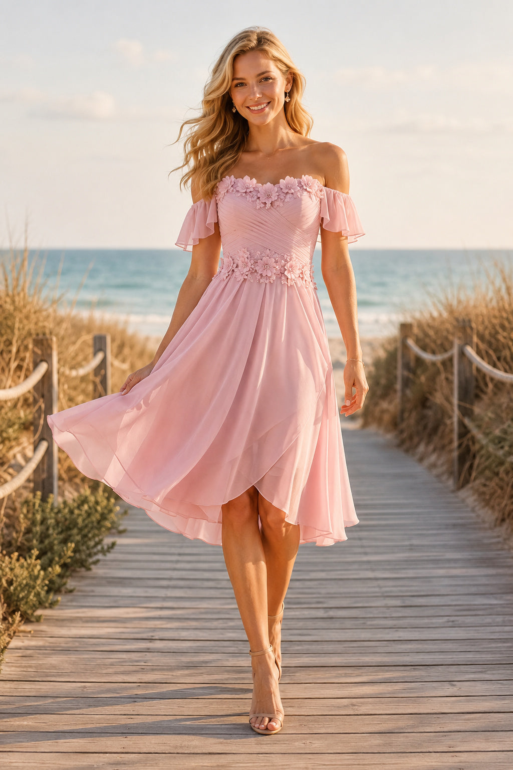 Blushing Pink Off Shoulder Ruffle Sleeve High Low Chiffon Skirt High Low A-Line Homecoming Dress front view