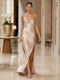 Champagne Strapless Satin Draped Slit Evening Gown front view
