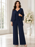 Mother Dark Navy Chiffon Pantsuit with V-Neck Draped Jacket and Wide Leg Pants front view