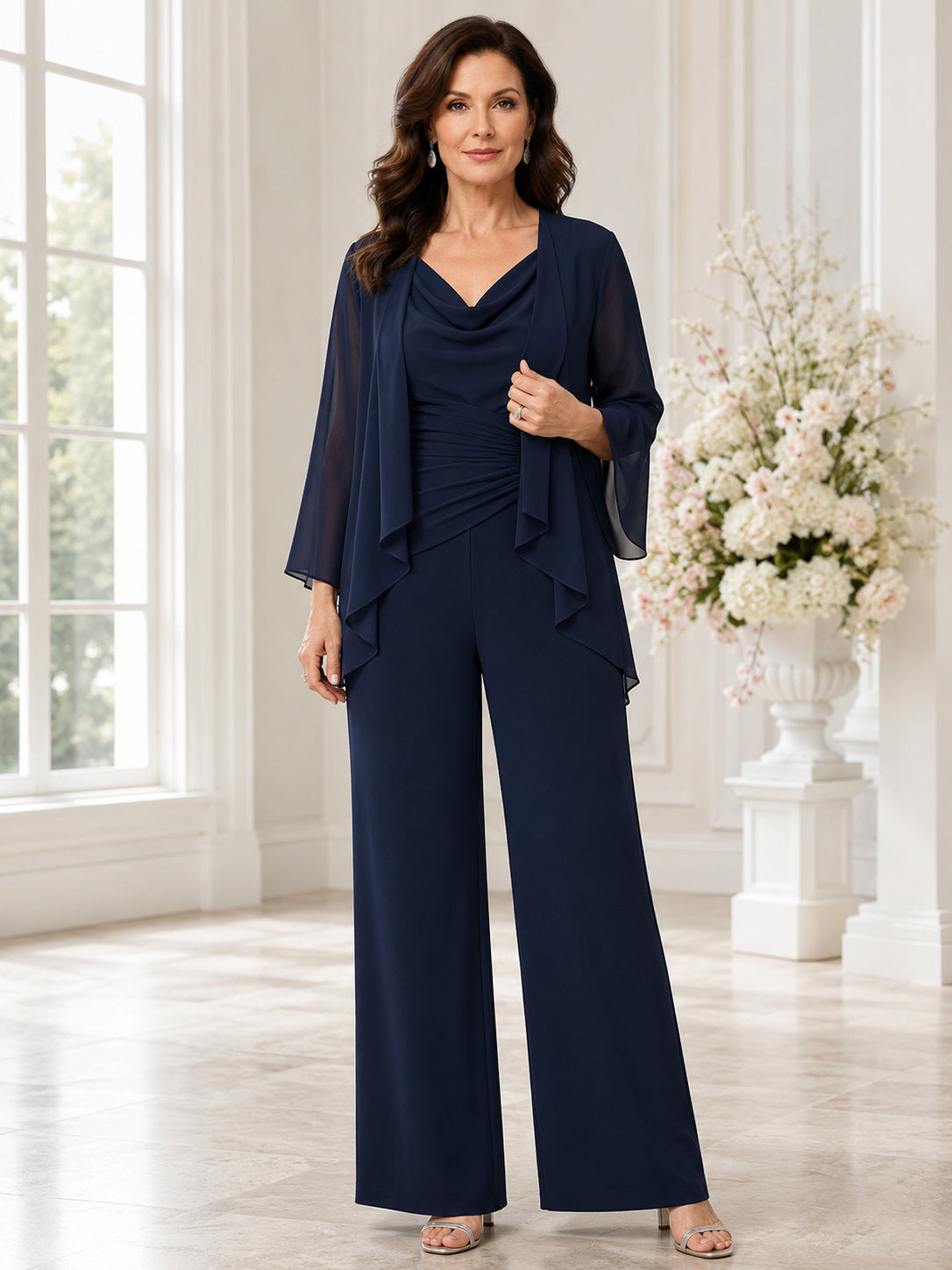 Mother Dark Navy Chiffon Pantsuit with V-Neck Draped Jacket and Wide Leg Pants front view