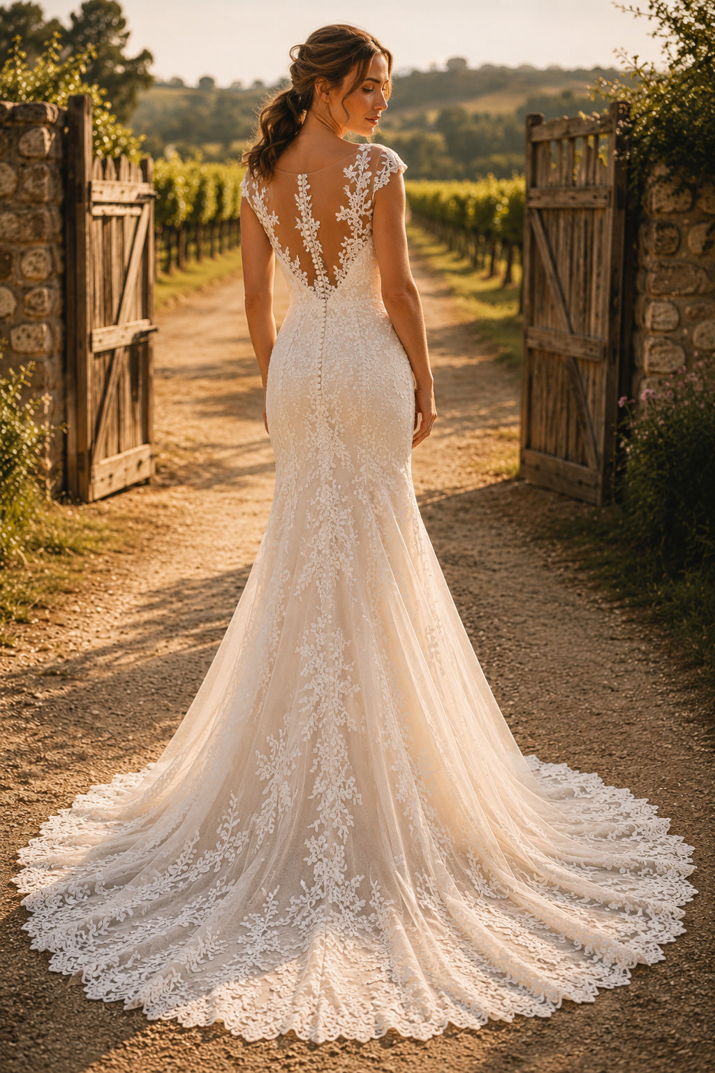 Illusion Lace Mermaid Wedding Dress with Bateau Neckline and Sweep Train for Rustic Garden Ceremony back view