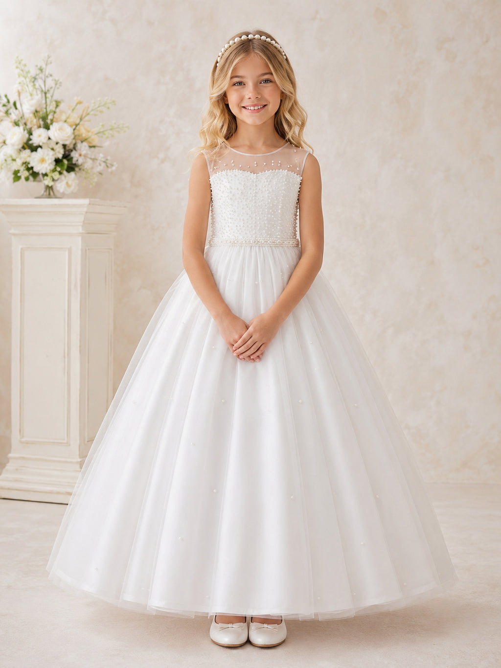 White Pearl Tulle Jewel Neck Sleeveless Pearl Waist Floor Length Communion Flowergirl Dress front view