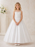 White Pearl Tulle Jewel Neck Sleeveless Pearl Waist Floor Length Communion Flowergirl Dress front view