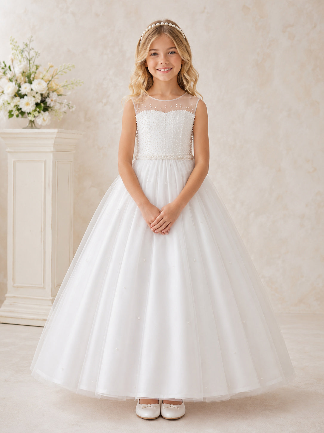 White Pearl Tulle Jewel Neck Sleeveless Pearl Waist Floor Length Communion Flowergirl Dress front view